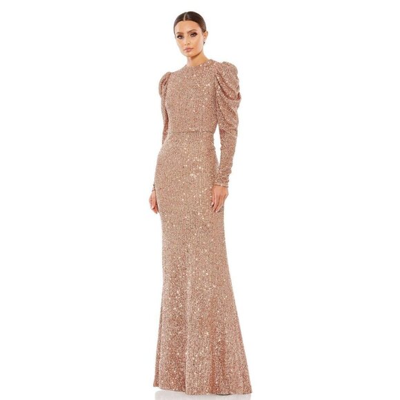 NWT Mac Duggal Sequined High Neck Puff Long Sleeve Column Gown Copper 12 #8605 - Picture 1 of 10